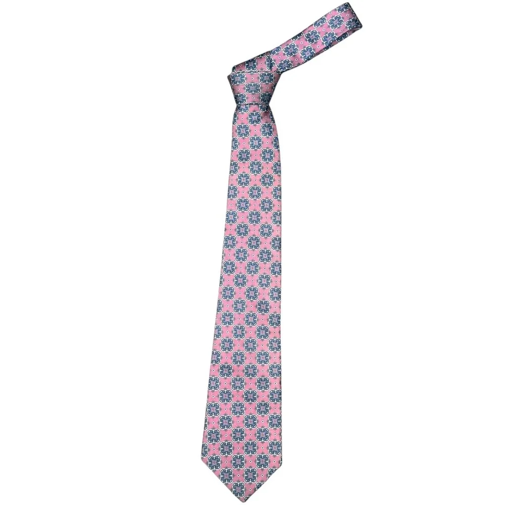 Christian Dior Necktie Mens OS Pink Geometric Medallion Silk Italian Fabric Tie